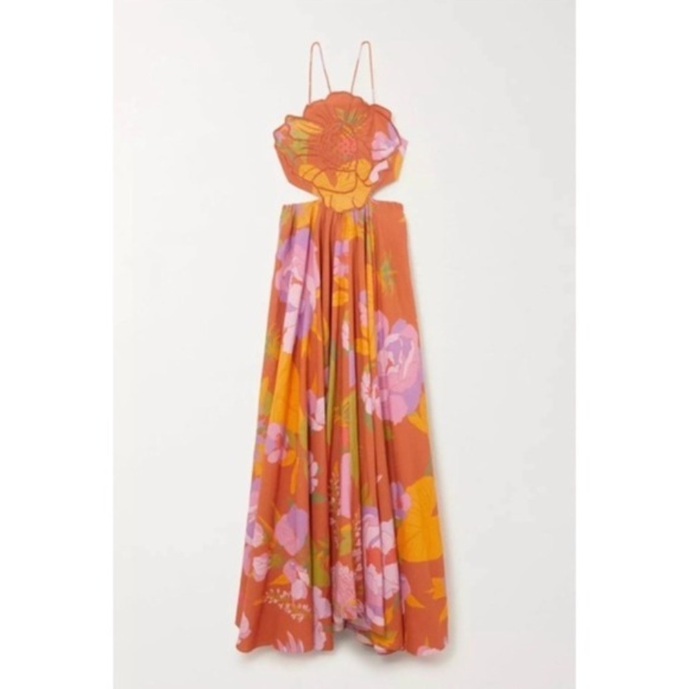 Caroline Constas Orange Floral Halter Maxi‎ Dress Smocked Cutout Beaded Tassel M